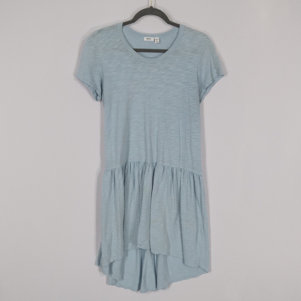 Wilt Slub Cotton Ruffle High Low Dress Women Small Blue Casual Coastal Vacation